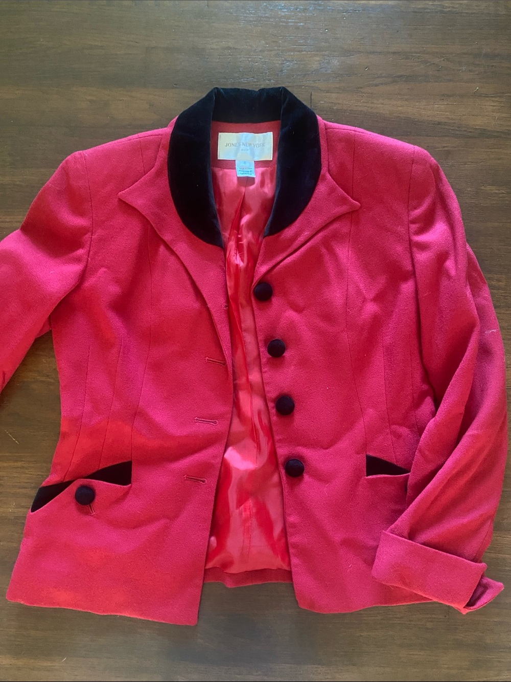 Vintage 80s office attire Jones New York RED Blazer with Black Velvet Trim